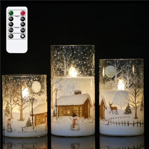 Snowman Glass Flameless Candles Battery Operated with Remote and Timer - Picture 1 of 7